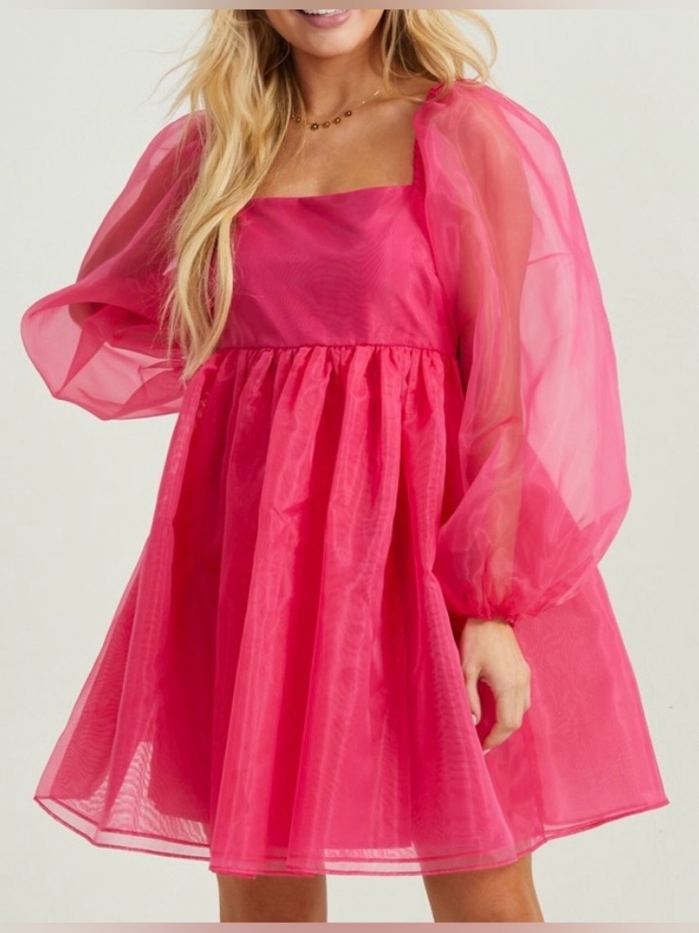 Altarād State Hot Pink Organza Puff Sleeve Mini Dress, large.